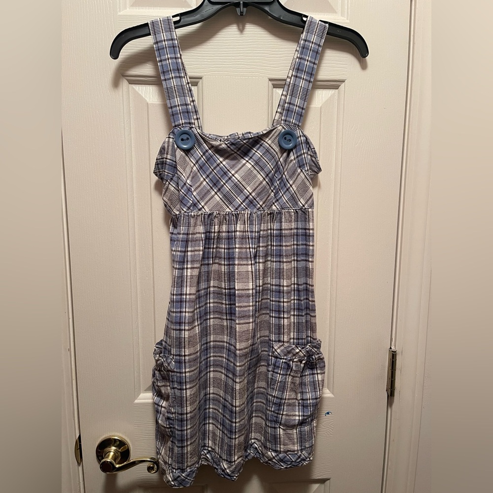 Blue Plaid Pinafore Dress with Button Details
